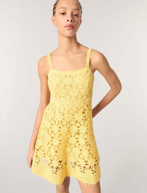 Maje Robe Courte à Bretelles En Crochet Jaune Banane