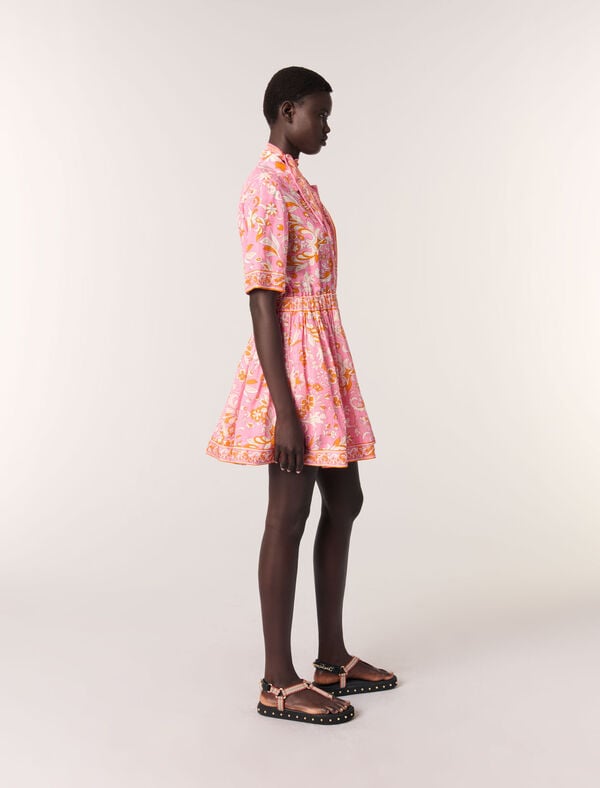 Maje Robe Courte Fluide Imprimée Imprime Fleurs Orange Rose