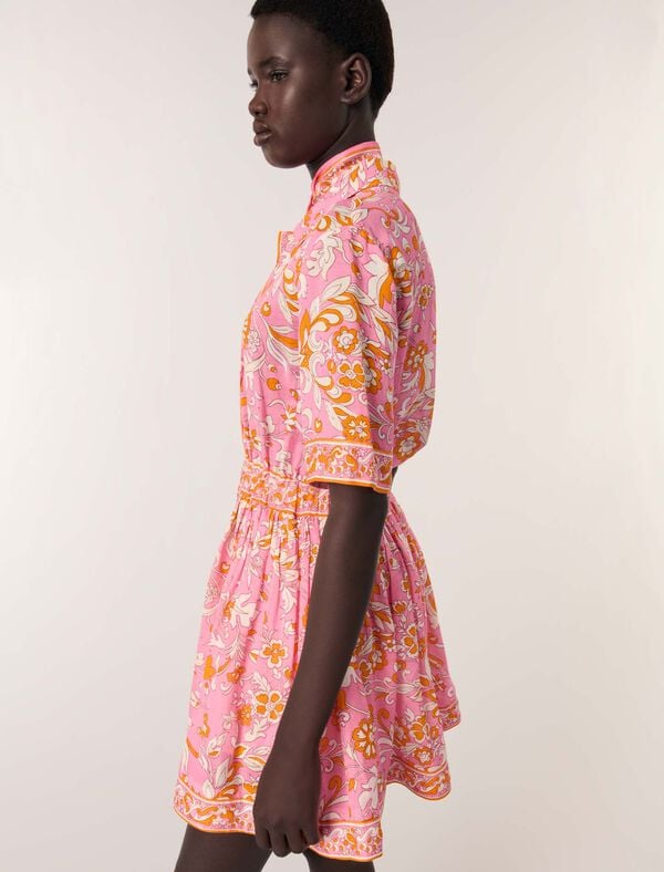 Maje Robe Courte Fluide Imprimée Imprime Fleurs Orange Rose