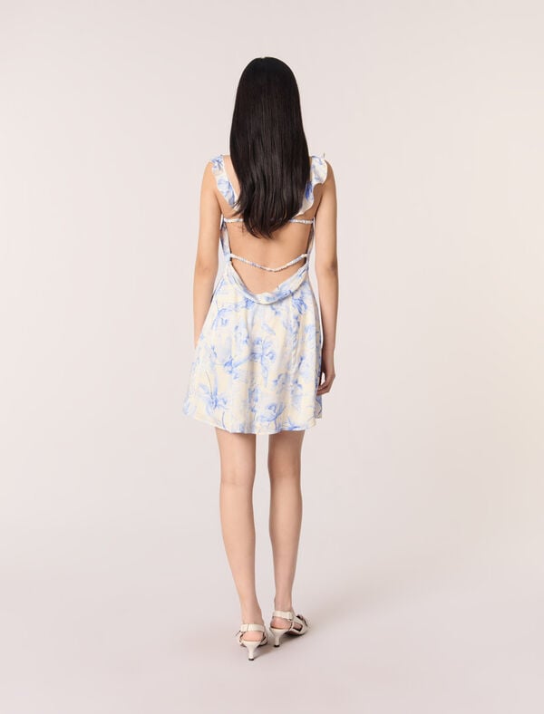 Maje Robe Courte Imprimée Imprime Fleur Bleue Fond Ecru