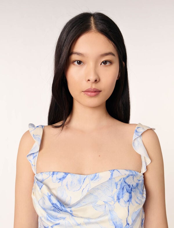 Maje Robe Courte Imprimée Imprime Fleur Bleue Fond Ecru