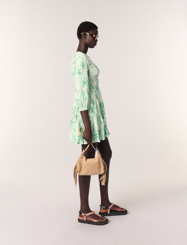 Maje Robe Courte Plissée Imprimée Imprime Floral Vert Fond Ecru