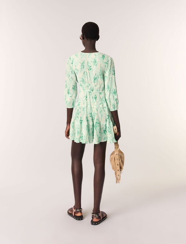 Maje Robe Courte Plissée Imprimée Imprime Floral Vert Fond Ecru