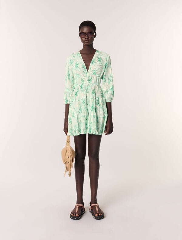 maje Robe courte plissée imprimée Imprime floral vert fond ecru