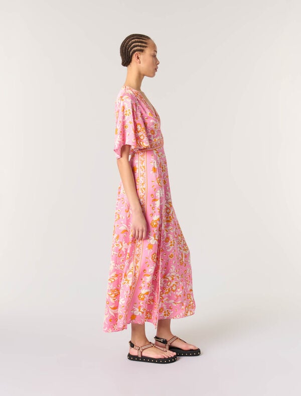 Maje Robe Longue Fluide Imprimée Imprime Fleurs Orange Rose