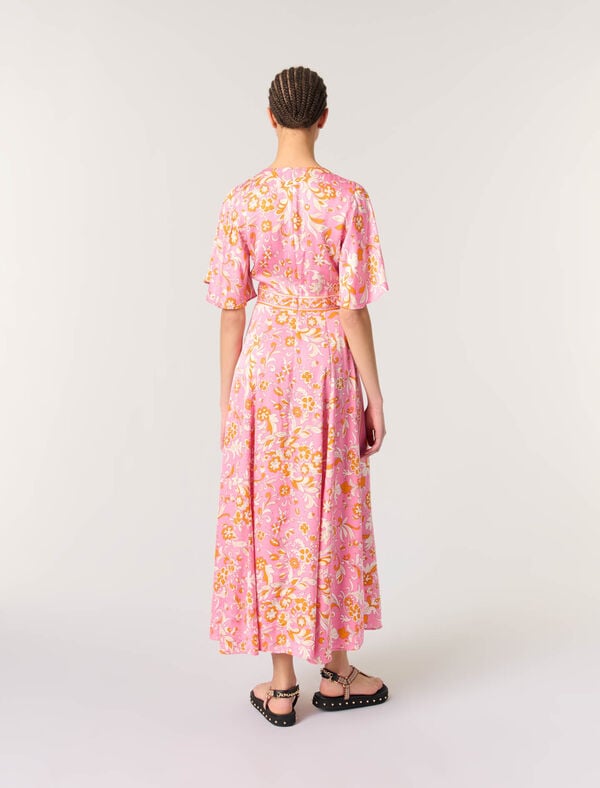 Maje Robe Longue Fluide Imprimée Imprime Fleurs Orange Rose