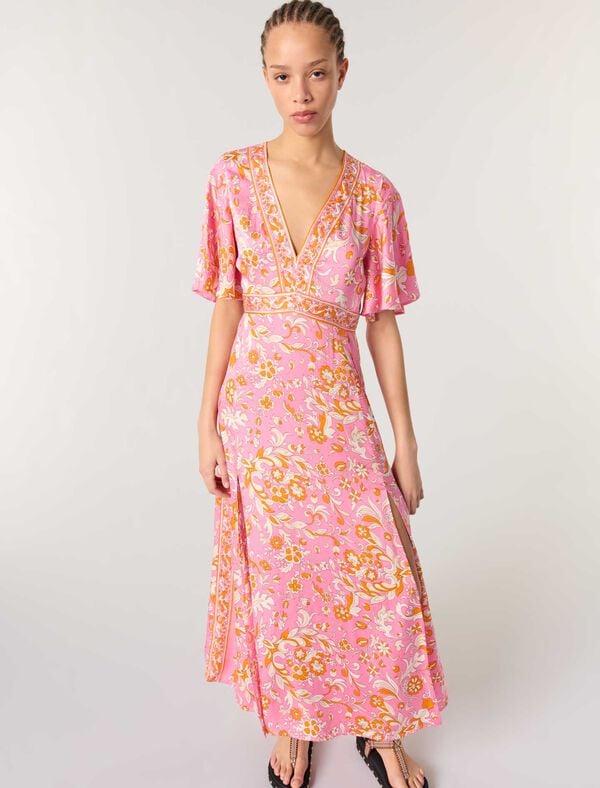 Maje Robe Longue Fluide Imprimée Imprime Fleurs Orange Rose