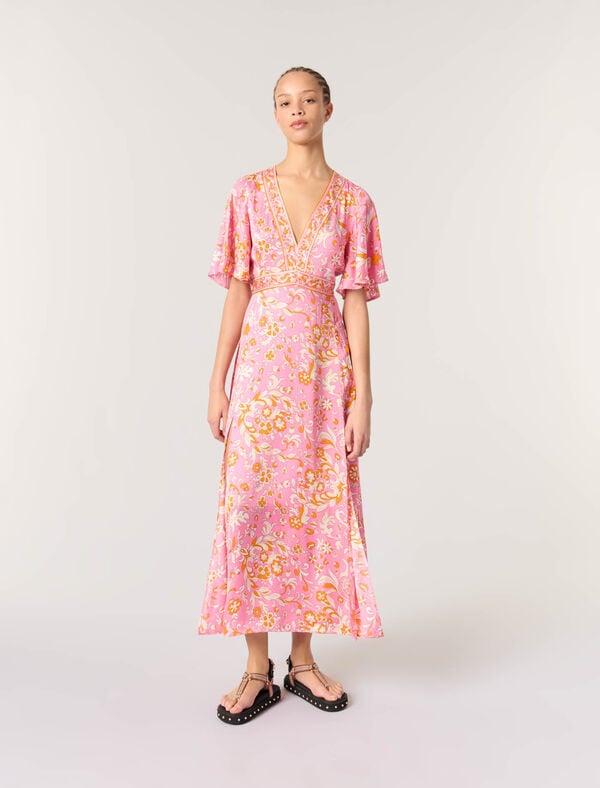 maje Robe longue fluide imprimée Imprime fleurs orange rose