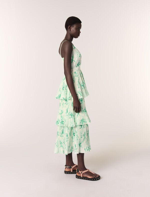 Maje Robe Longue Imprimée à Volants Imprime Floral Vert Fond Ecru
