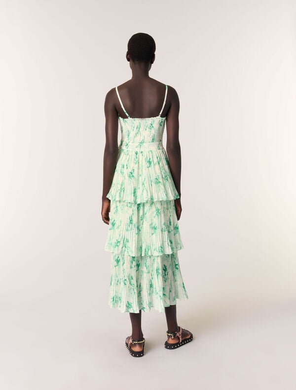 Maje Robe Longue Imprimée à Volants Imprime Floral Vert Fond Ecru