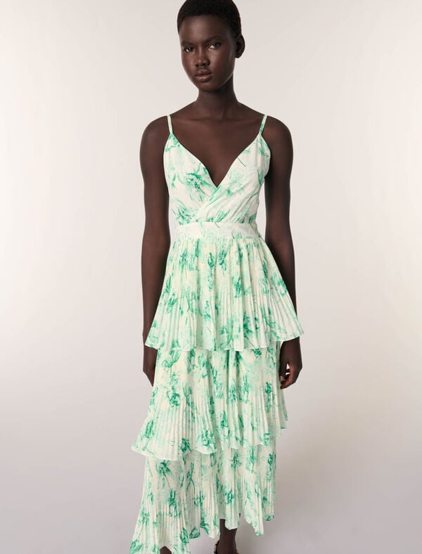Maje Robe Longue Imprimée à Volants Imprime Floral Vert Fond Ecru