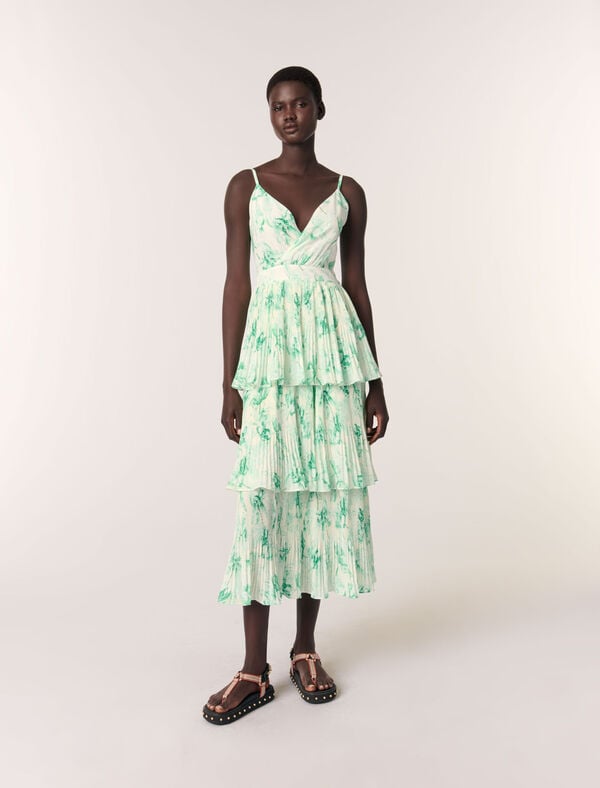 maje Robe longue imprimée à volants Imprime floral vert fond ecru