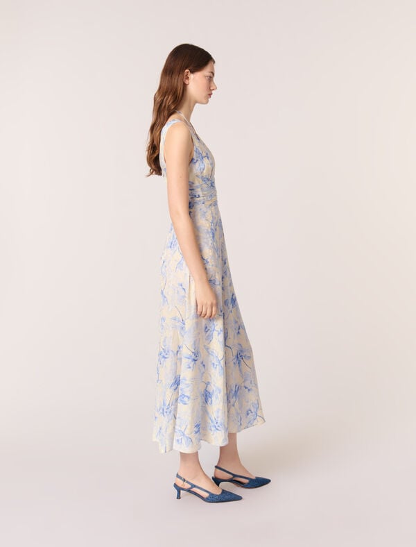 Maje Robe Longue Imprimée Et Laçage Imprime Fleur Bleue Fond Ecru