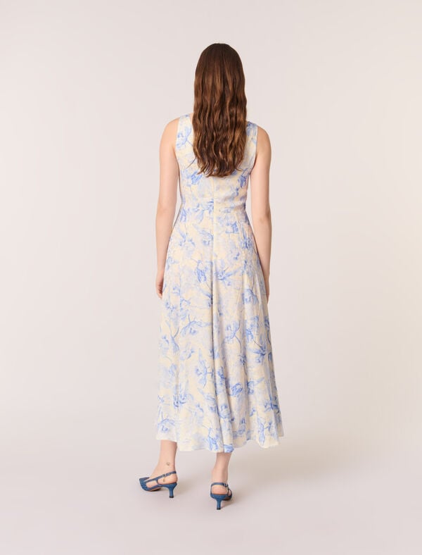 Maje Robe Longue Imprimée Et Laçage Imprime Fleur Bleue Fond Ecru