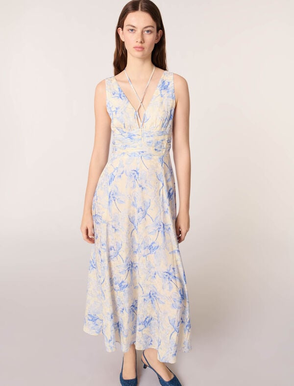 Maje Robe Longue Imprimée Et Laçage Imprime Fleur Bleue Fond Ecru
