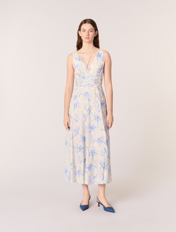 maje Robe longue imprimée et laçage Imprime fleur bleue fond ecru