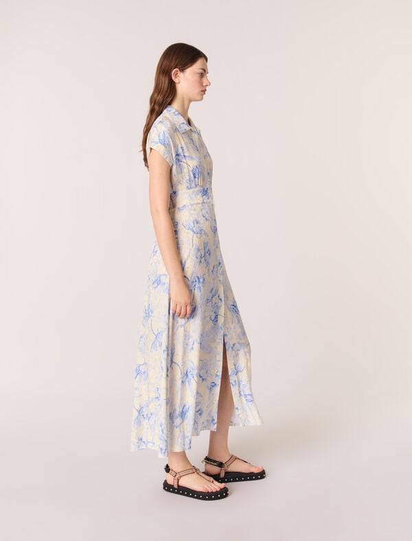 Maje Robe Longue Imprimée Imprime Fleur Bleue Fond Ecru