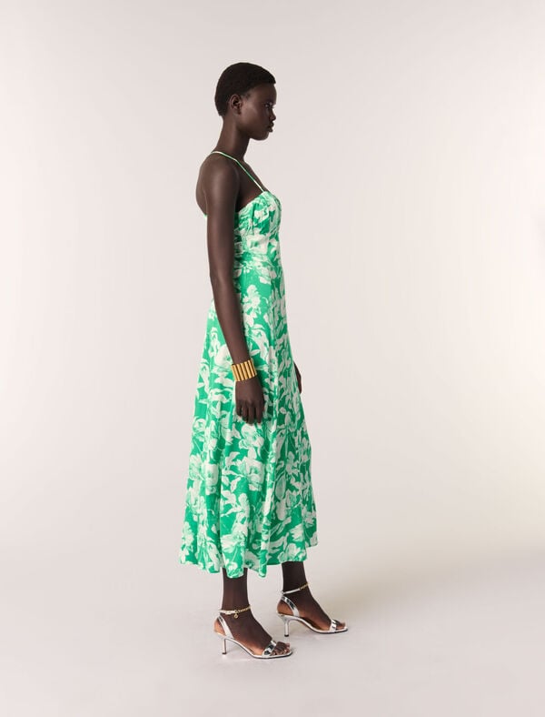 Maje Robe Longue Imprimée Imprime Floral Ecru Fond Vert
