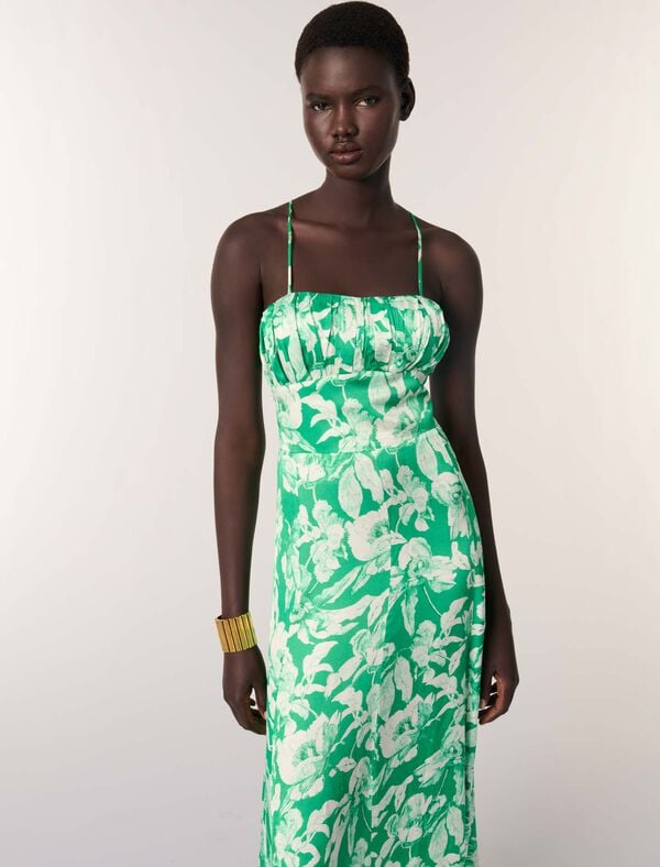 Maje Robe Longue Imprimée Imprime Floral Ecru Fond Vert