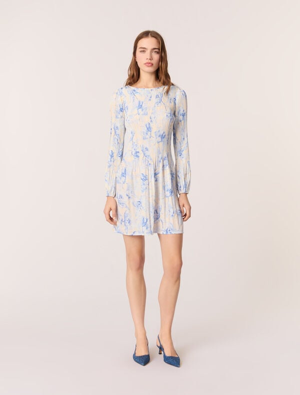 maje Robe plissée imprimée Imprime fleur bleue fond ecru