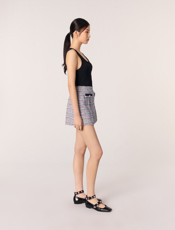 Maje Short En Tweed Et Galons Contrastés Bleu / Rouge