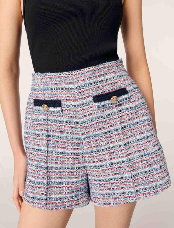Maje Short En Tweed Et Galons Contrastés Bleu / Rouge