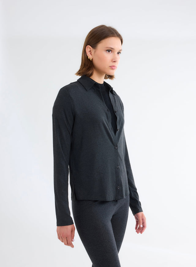 Majestic Filatures Chemise Anthracite Chiné Manches Longues En Viscose Et Élasthanne Viscose / Élasthanne