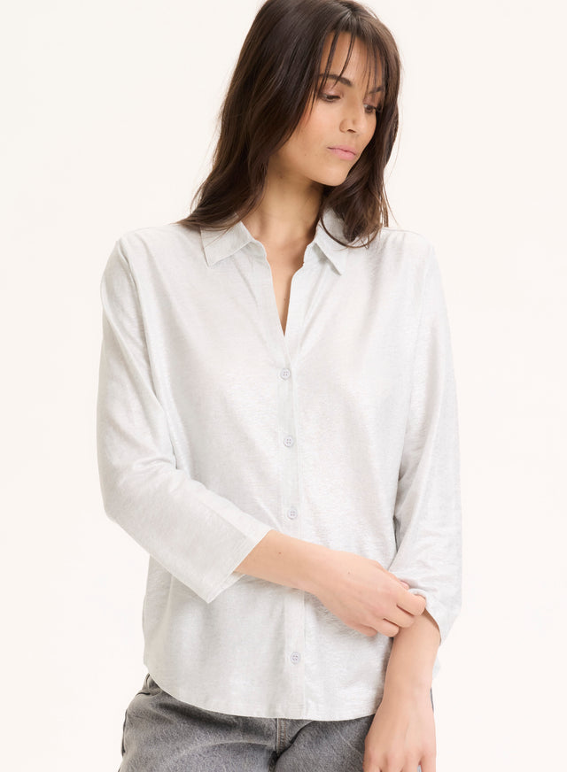 majestic filatures Chemise argentée Col Chemise Manches Trois quarts en Lin / Elasthanne Lin / Elasthanne