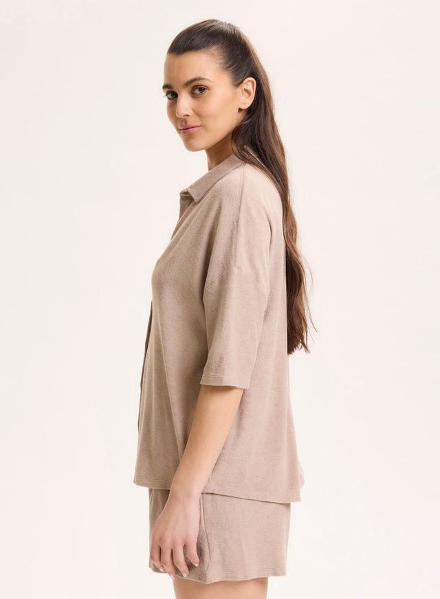 Majestic Filatures Chemise Beige Col Chemise Manches Coudes En Coton / Modal Coton / Modal