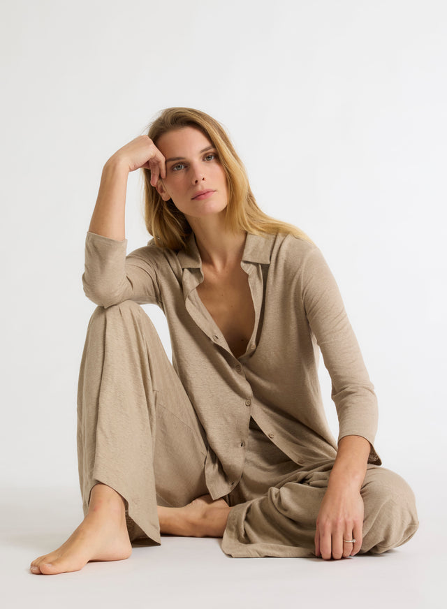 majestic filatures Chemise Beige Col Chemise Manches Trois quarts en Lin / Elasthanne Lin / Elasthanne
