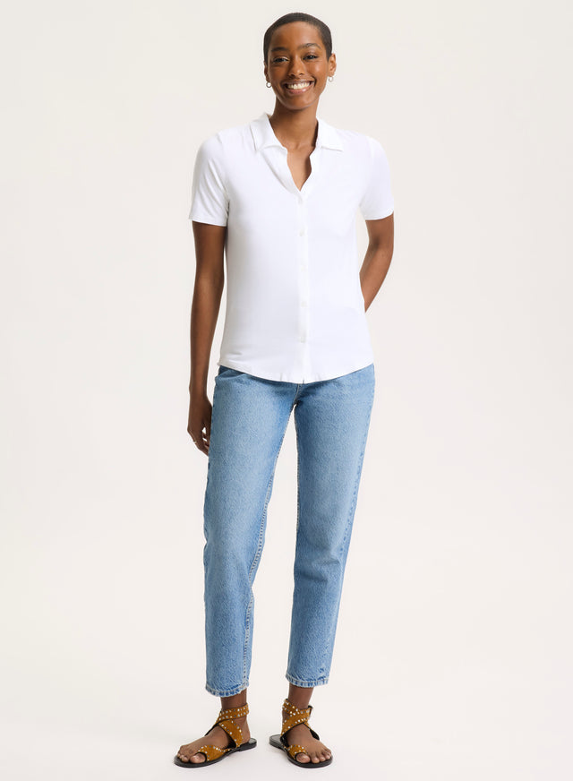 Majestic Filatures Chemise Blanche Col Chemise Manches Courtes En Viscose / Élasthanne Viscose / Élasthanne