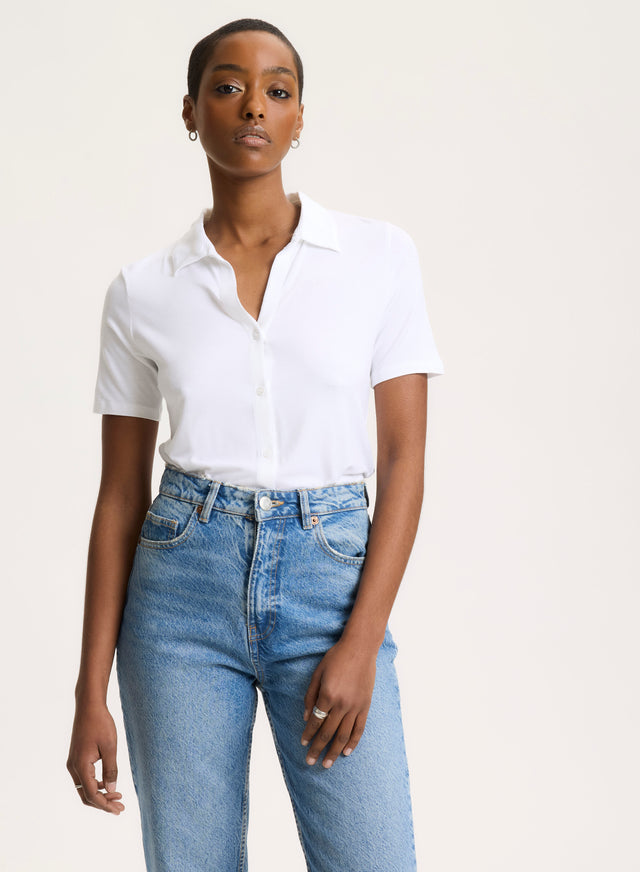 Majestic Filatures Chemise Blanche Col Chemise Manches Courtes En Viscose / Élasthanne Viscose / Élasthanne
