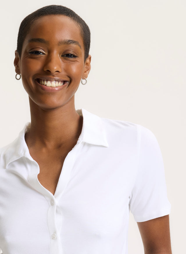 Majestic Filatures Chemise Blanche Col Chemise Manches Courtes En Viscose / Élasthanne Viscose / Élasthanne