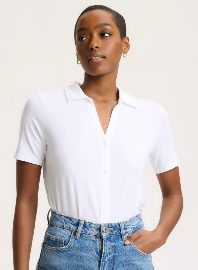 majestic filatures Chemise Blanche Col Chemise Manches Courtes en Viscose / Élasthanne Viscose / Élasthanne