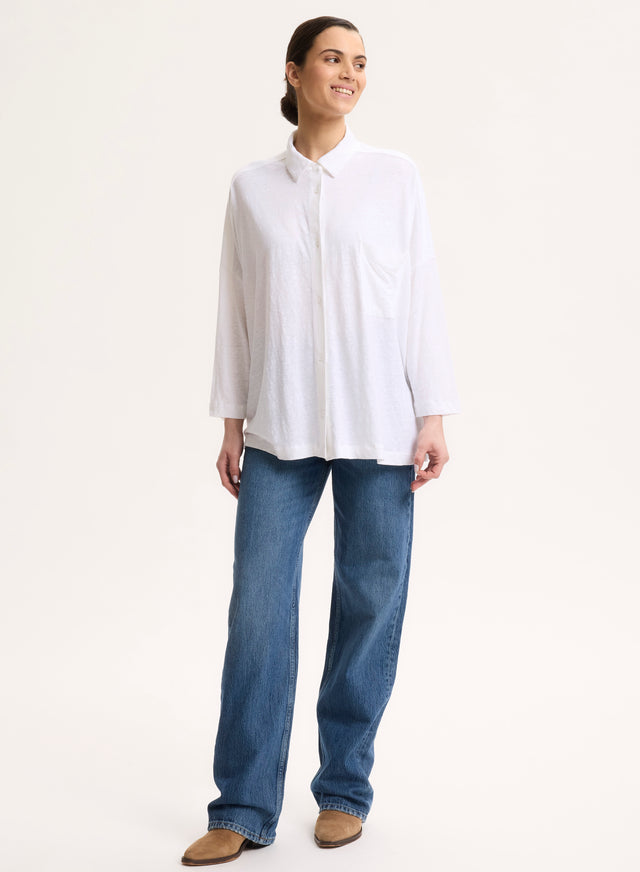 Majestic Filatures Chemise Blanche Col Chemise Manches Trois Quarts En Lin / Elasthanne Lin / Elasthanne