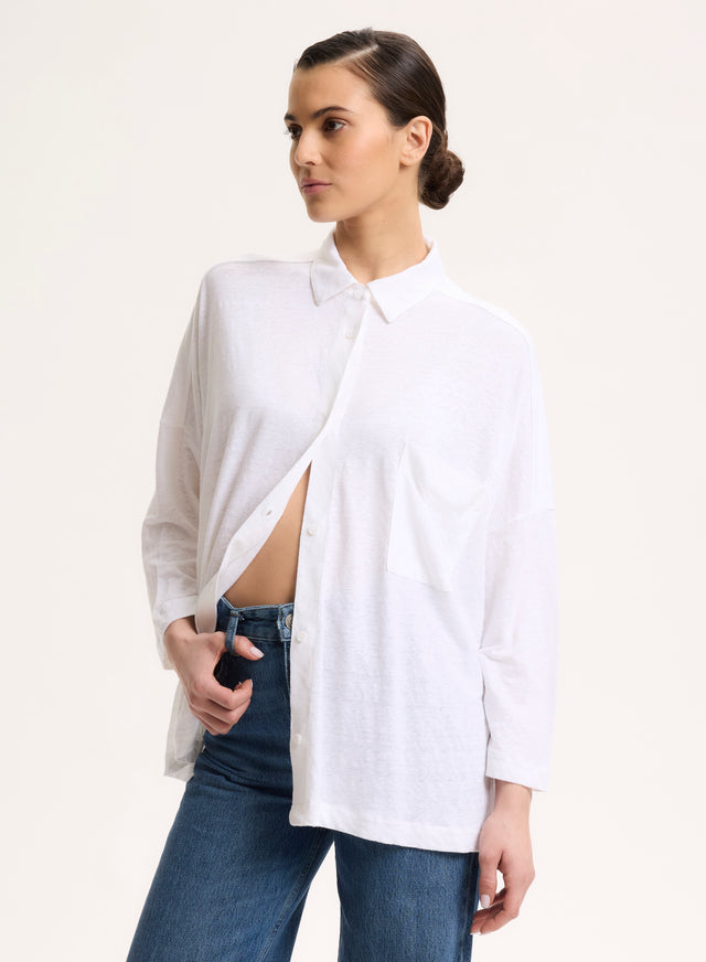 majestic filatures Chemise Blanche Col Chemise Manches Trois quarts en Lin / Elasthanne Lin / Elasthanne