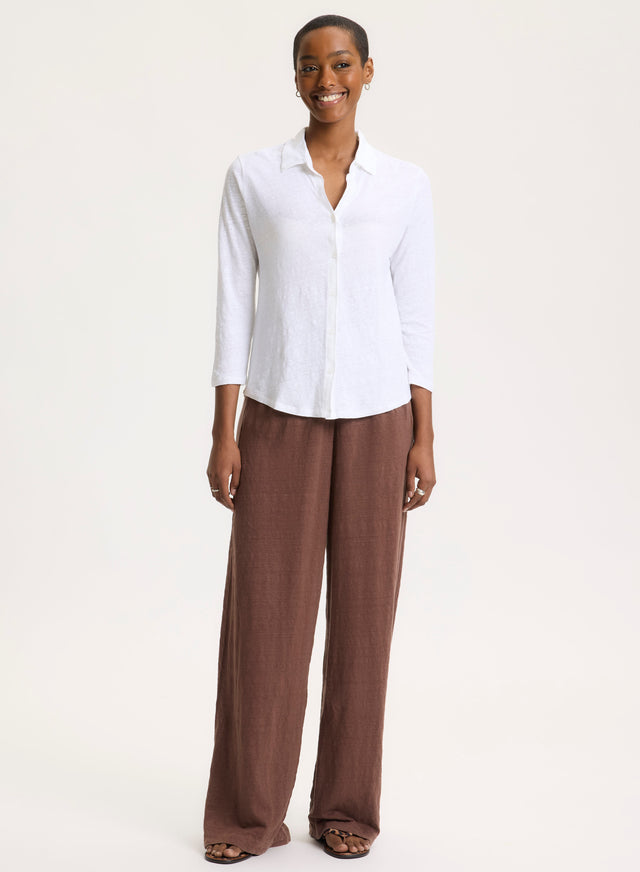 Majestic Filatures Chemise Blanche Manches 3/4 En Lin / Elasthanne Lin / Elasthanne