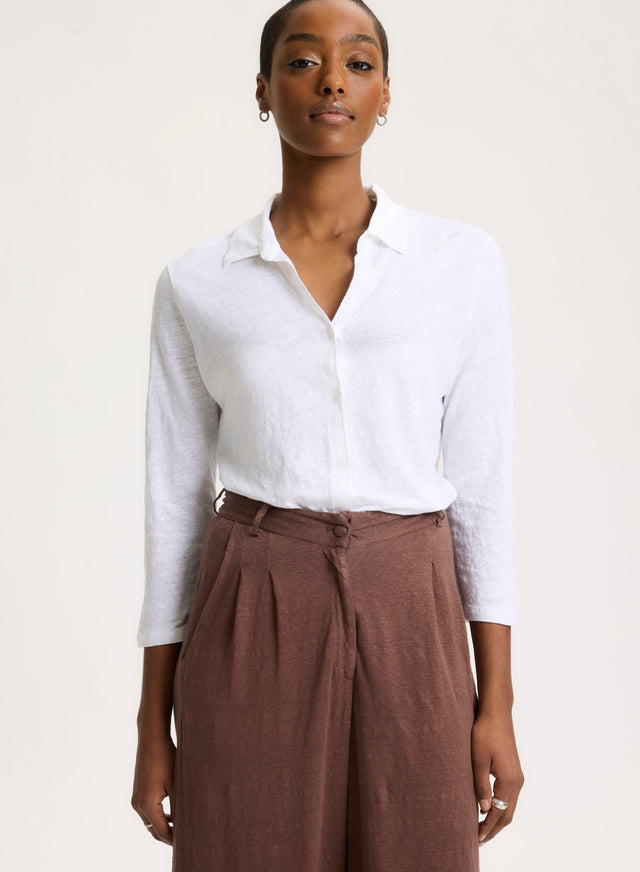 Majestic Filatures Chemise Blanche Manches 3/4 En Lin / Elasthanne Lin / Elasthanne