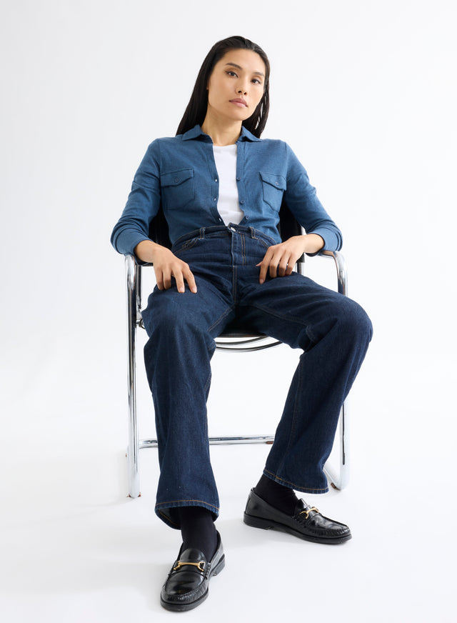 majestic filatures Chemise Bleu Chiné avec Poches Manches Longues en Coton et Cachemire Coton / Cachemire