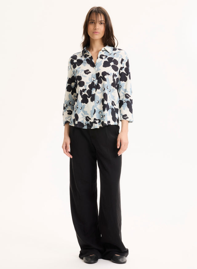 Majestic Filatures Chemise Bleu Col Chemise Manches Trois Quarts En Coton Organique / Lin Coton Organique / Lin