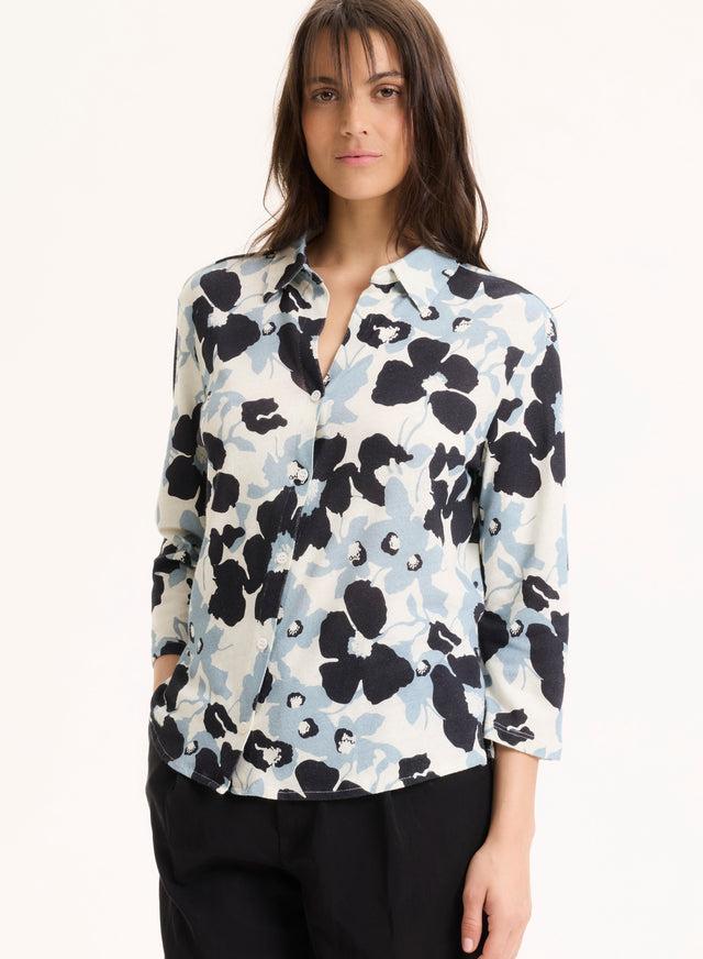 Majestic Filatures Chemise Bleu Col Chemise Manches Trois Quarts En Coton Organique / Lin Coton Organique / Lin