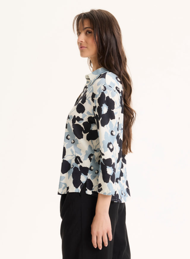 Majestic Filatures Chemise Bleu Col Chemise Manches Trois Quarts En Coton Organique / Lin Coton Organique / Lin