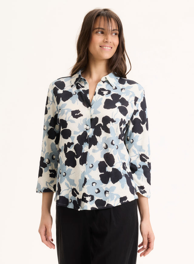 majestic filatures Chemise Bleu Col Chemise Manches Trois quarts en Coton organique / Lin Coton organique / Lin