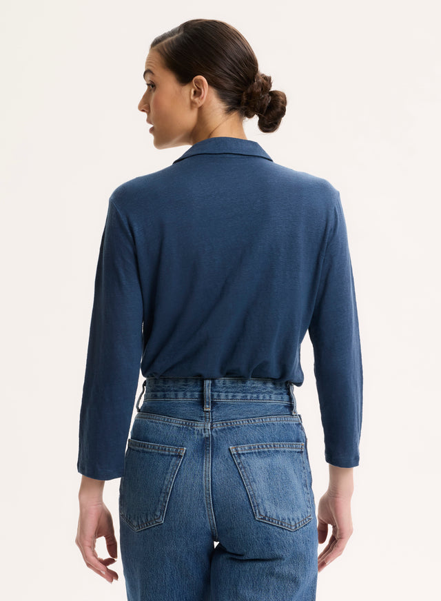 Majestic Filatures Chemise Bleue Col Chemise Manches Trois Quarts En Lin / Elasthanne Lin / Elasthanne