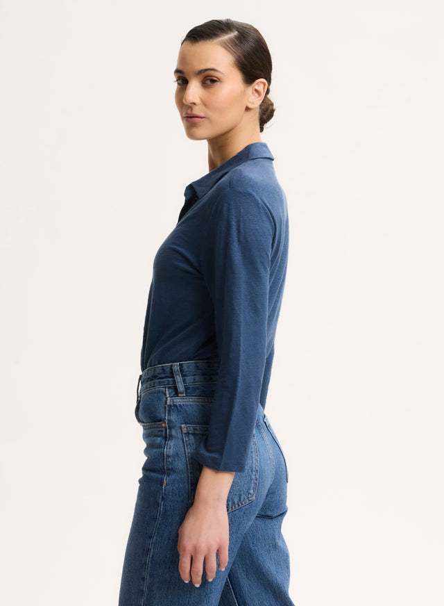Majestic Filatures Chemise Bleue Col Chemise Manches Trois Quarts En Lin / Elasthanne Lin / Elasthanne