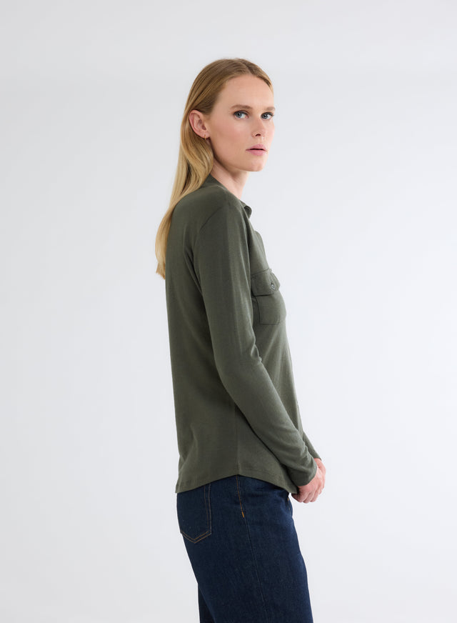 Majestic Filatures Chemise Kaki Avec Poches Manches Longues En Coton Et Cachemire Coton / Cachemire