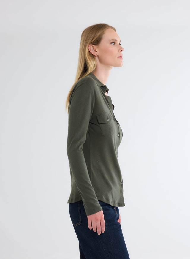 Majestic Filatures Chemise Kaki Avec Poches Manches Longues En Coton Et Cachemire Coton / Cachemire