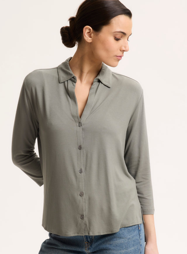 Majestic Filatures Chemise Kaki Manches 3/4 En Viscose / Élasthanne Viscose / Élasthanne