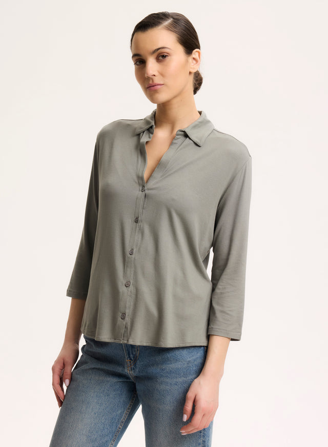 Majestic Filatures Chemise Kaki Manches 3/4 En Viscose / Élasthanne Viscose / Élasthanne