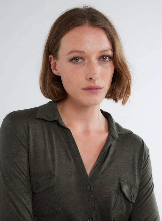 Majestic Filatures Chemise Kaki Manches Longues En Laine Et Lyocell Lyocell / Laine Vierge